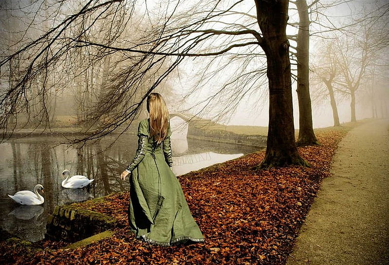 Mediaeval Moment, female, model, trees, artwork, swans, leaves, fantasy, water, bridge, path, river, HD wallpaper