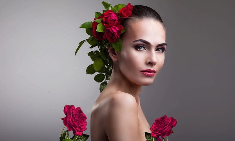 Cara de una mujer hermosa, rosas, animada, retrato, morena, modelo, cara,  sensual, Fondo de pantalla HD | Peakpx