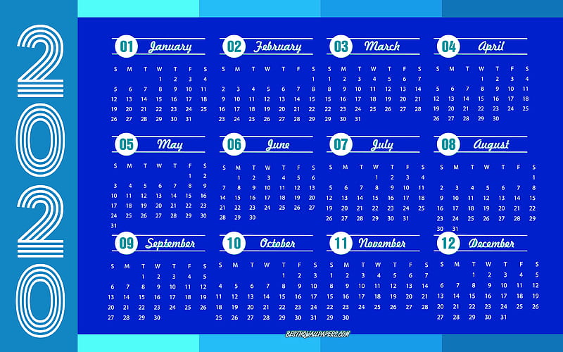Blue 2020 Calendar, 12 months 2020 calendar, abstract background, 2020 concepts, New Year 2020, all months, 2020 calendar, HD wallpaper