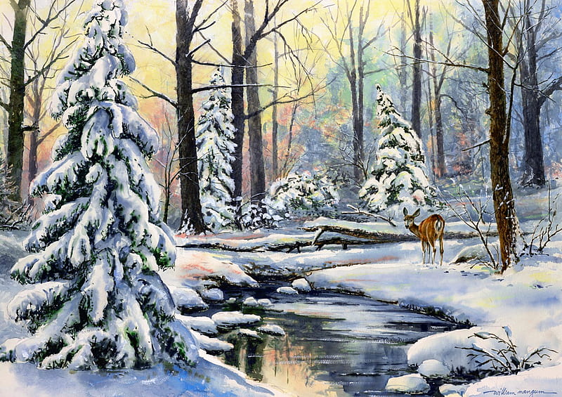 Winter companion, forest, art, companion, bonito, creek, trees, deer, winter, cold, snow, painting, river, roe, frost, HD wallpaper