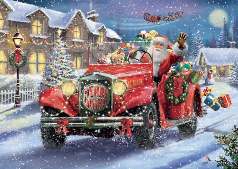 Have a holly jolly Christmas !, waving, santa, city, merry, christmas, car, gifts, HD wallpaper