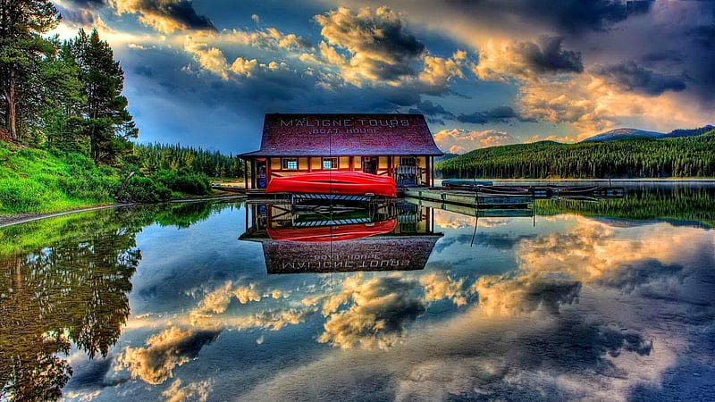 Maligne Lake boathouse (Jasper National Park), boathouse, nature, park, reflection, trees, clouds, sky, lake, HD wallpaper