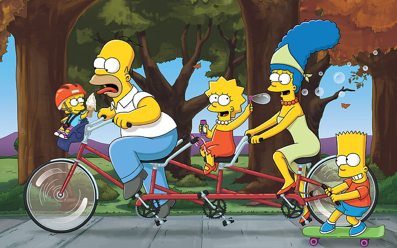 The Simpsons Homer, Marge, Bart, Lisa, bicycle, Homer Simpson, HD wallpaper
