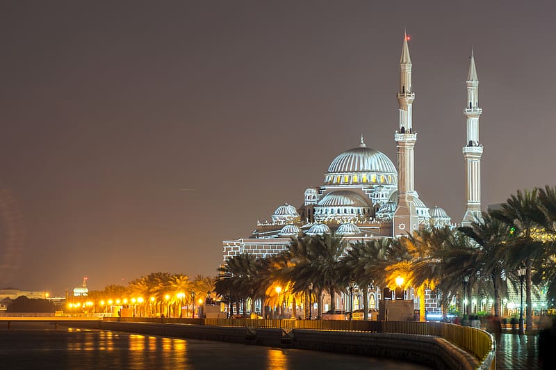Night, Architecture, Building, United Arab Emirates, Mosque, Religious, Al Noor Mosque, Sharjah, Mosques, HD wallpaper