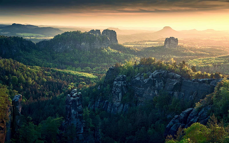 Arizona vibes in Germany - Saxon Switzerland National Park, mist, landscape, rocks, morning, sunrise, trees, HD wallpaper