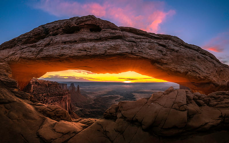 Canyonlands National Park, canyon, rocks, skyline, stone arch, evening, sunset, mountain landscape, Utah, USA, HD wallpaper