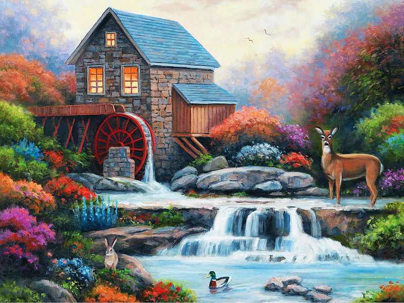 A Visit to the Waterwheel, artwork, river, painting, deer, cascades, trees, watermill, flowers, HD wallpaper