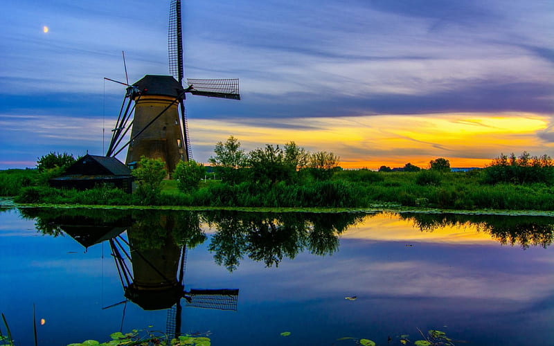 The Village of Kinderdijk,South Holand, windmill, canal, sunset, trees, clouds, lake, nature, river, reflection, HD wallpaper