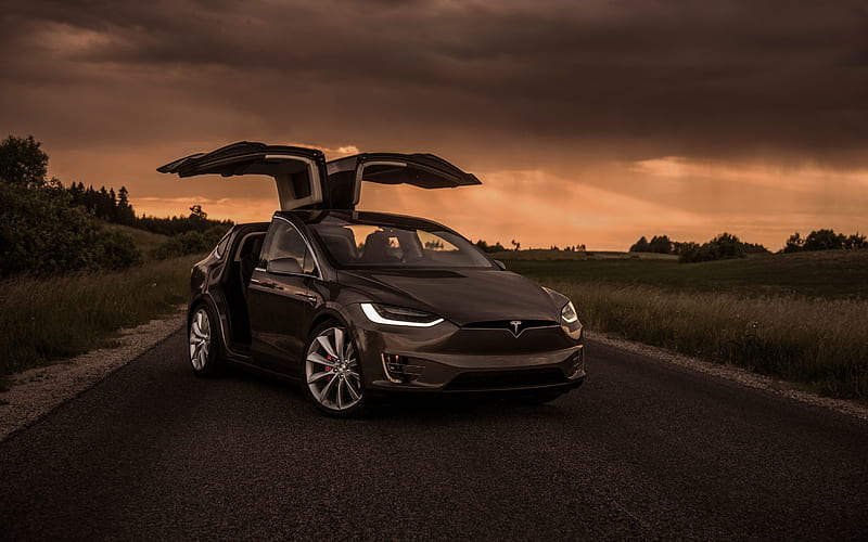 Tesla Model X, 2019, exterior, front view, new gray Model X, electric crossover, door wings, American electric cars, Tesla, HD wallpaper