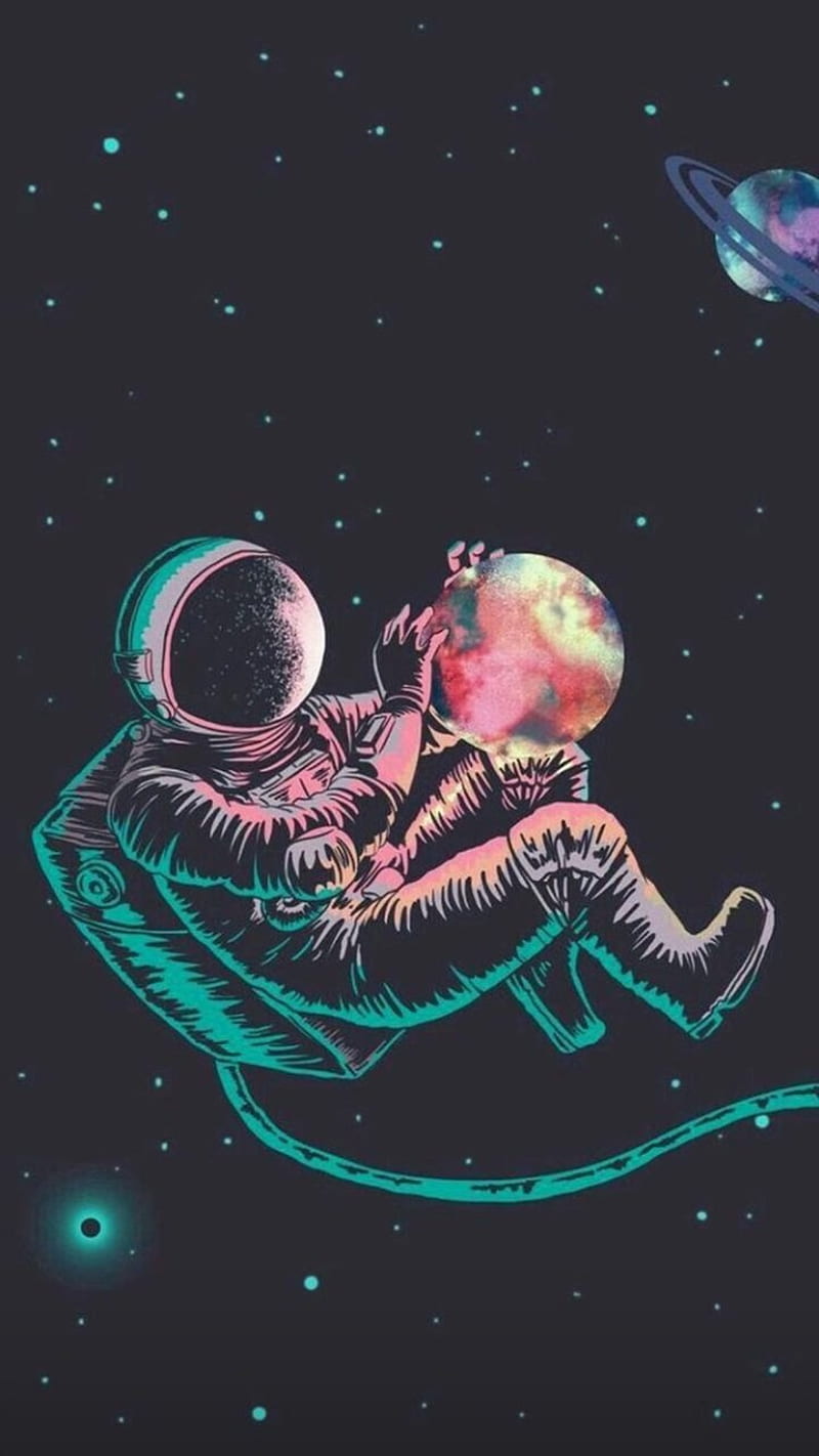 astronaut, moon, planets, saturn, stars, HD phone wallpaper