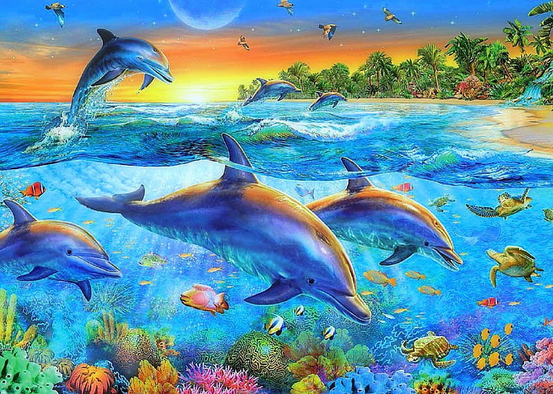 ★Dolphin Cove★, corals, sea life, scenic, attractions in dreams, most ed, seasons, sea, paintings, dolphins, animals, turtles, underwater, flying birds, fishes, cove, love four seasons, creative pre-made, sky, paradise, beaches, summer, nature, HD wallpaper