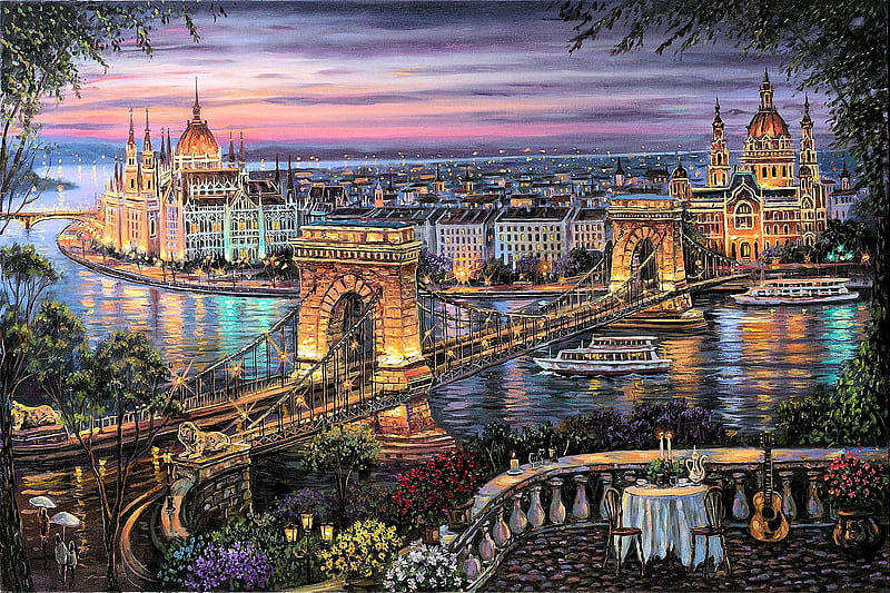 Robert Finale - Budapest, city, hungary, chain bridge, danube river, buildings, painting, parliament, artwork, HD wallpaper