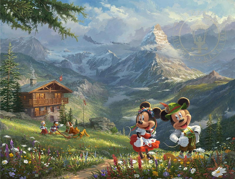 Micky and Minnie in the Alps, painting, micky mouse, pictura, minnie, thomas kinkade, disney, art, luminos, vara, fantasy, summer, HD wallpaper