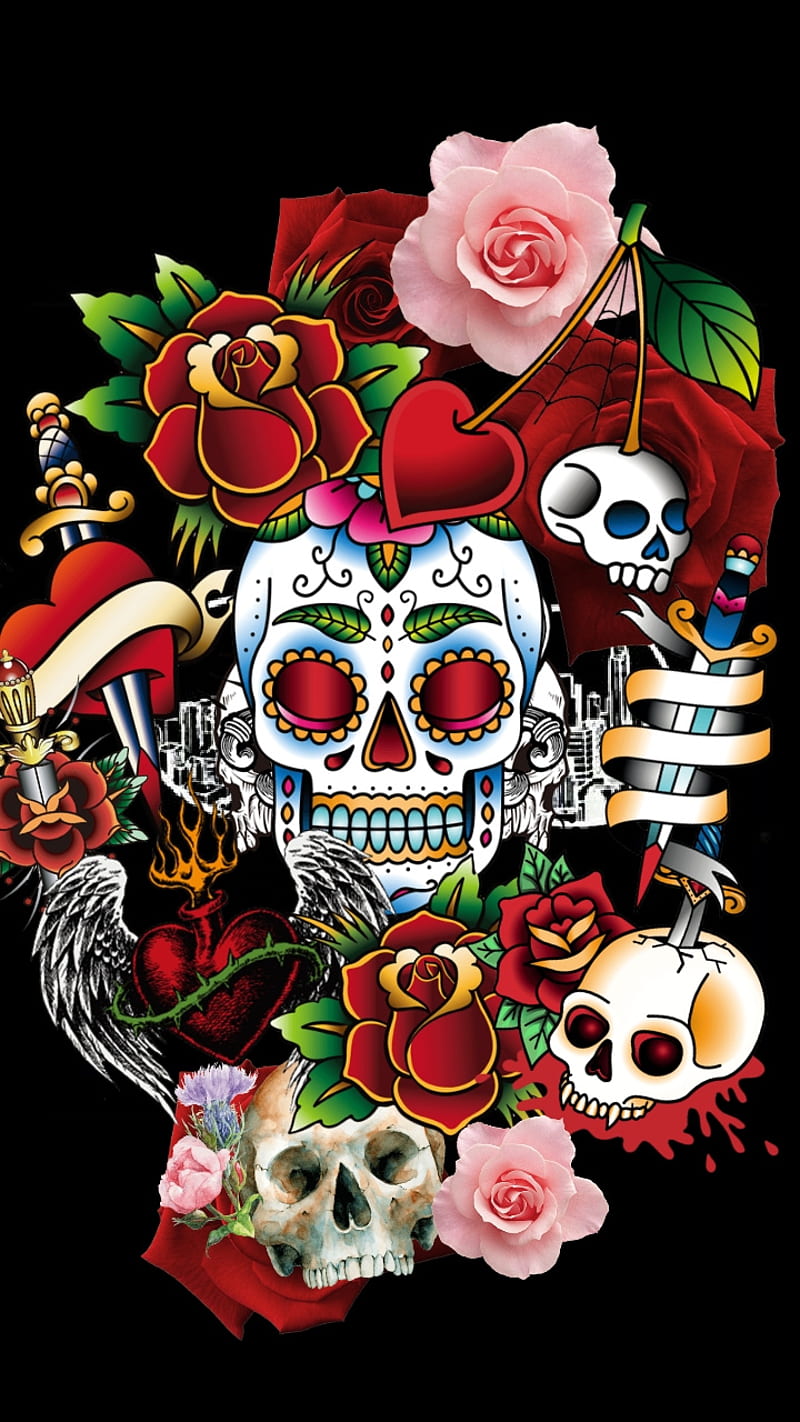 Sugar Swords, skull, red, flowers, black, love, HD phone wallpaper