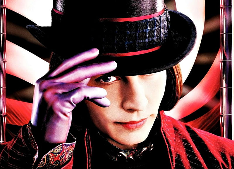 Charlie and the Chocolate Factory (2005), red, movie, Willy Wonka, black, man, hat, Charlie and the Chocolate Factory, fantasy, gloves, purple, actor, Johnny Depp, HD wallpaper
