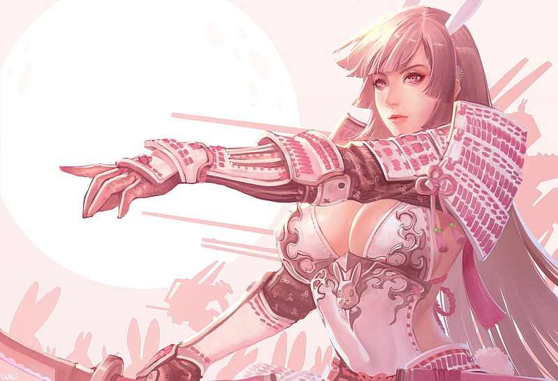 Ren Wei Pan, Fantasy, Luna, Moon Luna, Samurai, Girl, Luminos, Pink