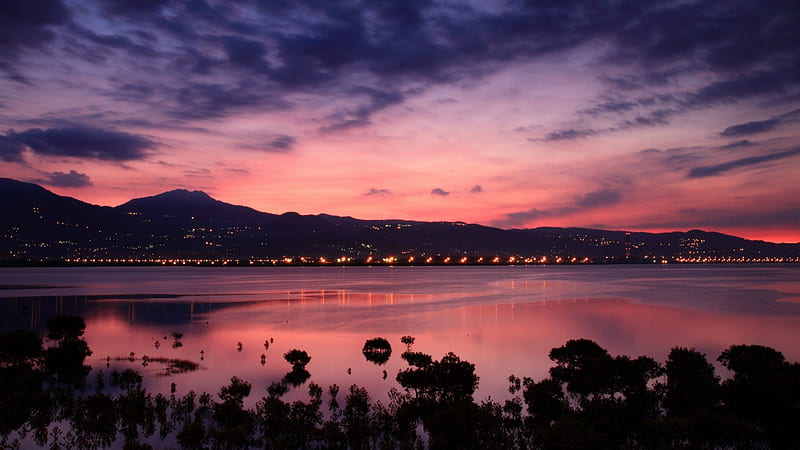 dawn over taiwan straits, mountain, shore, dawn, straits, lights, HD wallpaper