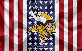 Minnesota Vikings logo, emblem, silk texture, American flag, American football club, NFL, Minneapolis, Minnesota, USA, National Football League, american football, silk flag, HD wallpaper