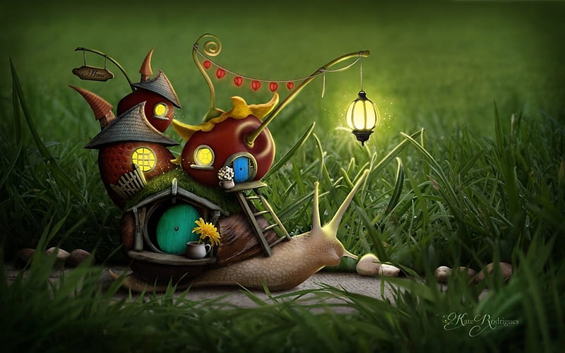 :), fantasy, house, snail, green, kate rodrigues, cherry, apple, lantern, fruit, cute, HD wallpaper
