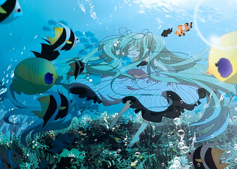 Download wallpaper 840x1160 bubble, underwater, cute, anime girl