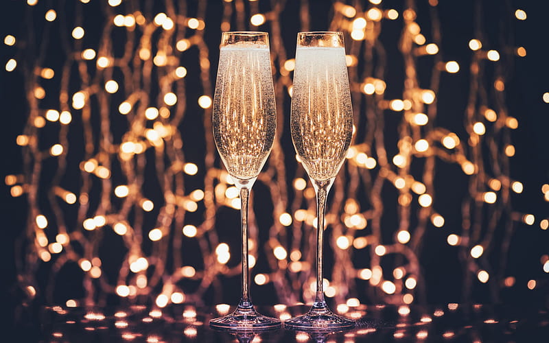 Glasses with champagne, holiday, evening, lights, New Year, champagne, glasses, HD wallpaper