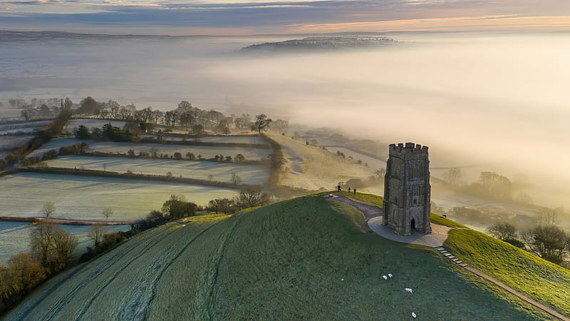 morning, frost, sunrise, fog, Glastonbury Tor, Somerset, HD wallpaper