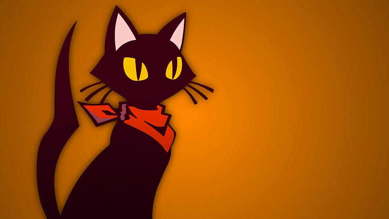 Black cat, anime, black, orange background, cat, abstrac, red scarf, HD wallpaper