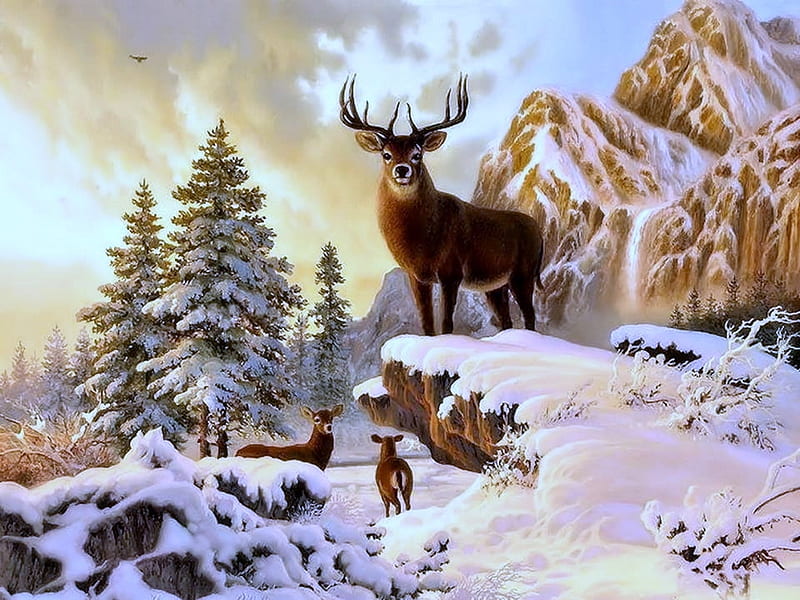 Deer family, snow, mountains, buck, trees, winter, deer, HD wallpaper