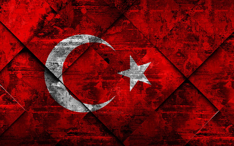 Flag of Turkey, grunge art, rhombus grunge texture, turk bayragi, Europe, national symbols, Turkey, creative art, HD wallpaper