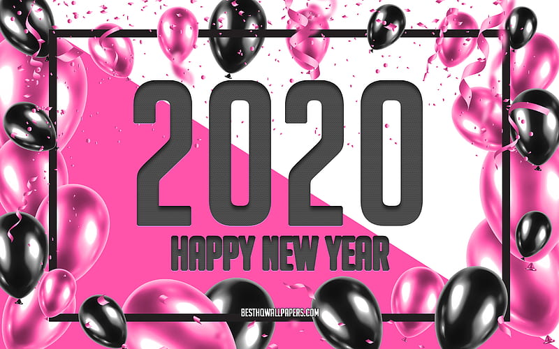 Happy New Year 2020, Pink Balloons Background, 2020 concepts, Pink 2020 Background, Pink Black Balloons, Creative 2020 Background, 2020 New Year, Christmas background, HD wallpaper