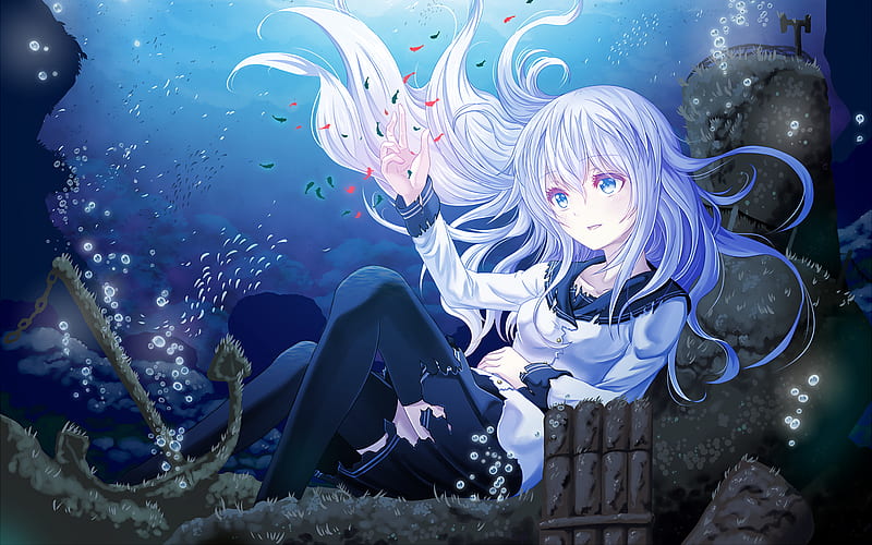 Hibiki, underwater, Kancolle, blue eyes, manga, Kantai Collection, HD wallpaper