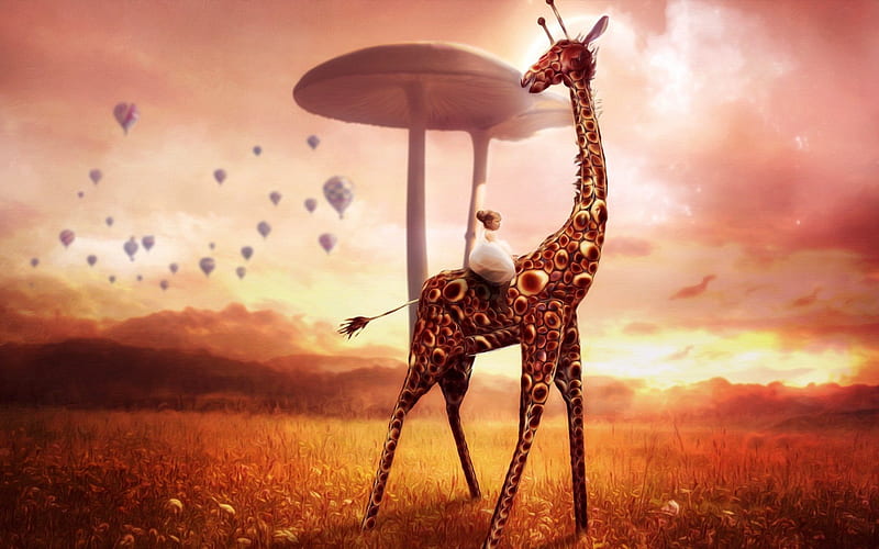 Giraffe, small girl, mushrooms, HD wallpaper