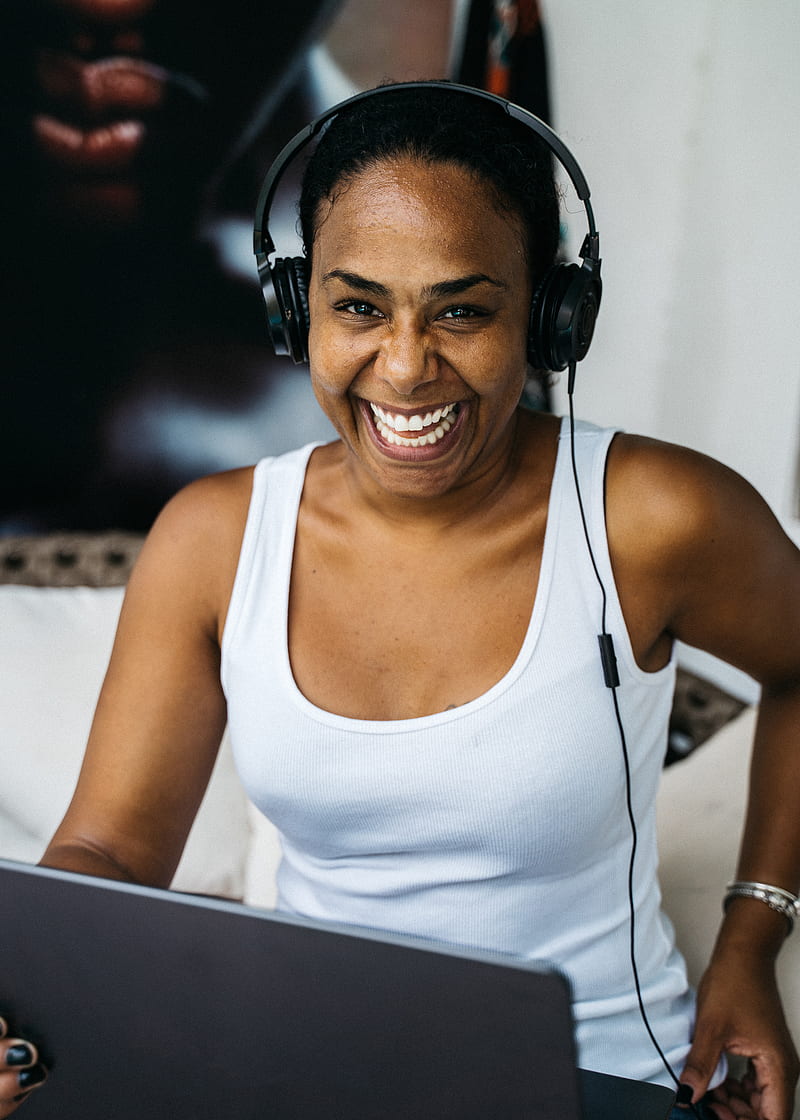 Woman in White Tank Top Wearing Black Headphones, HD phone wallpaper
