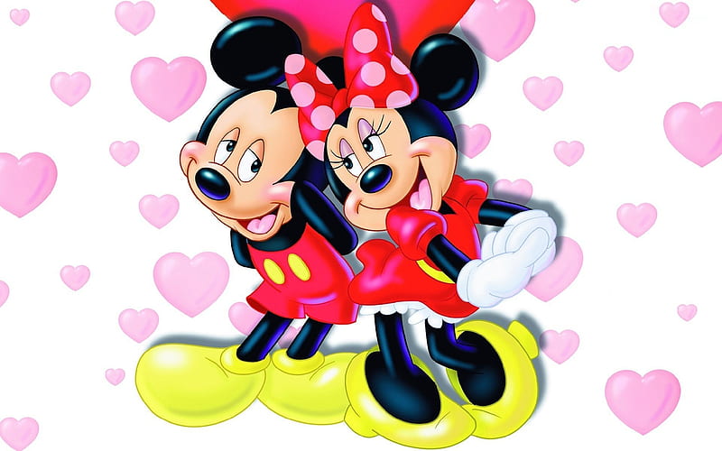 Mickey and Minnie Mouse in love, red, valentine, card, mouse, love, heart, minnie, pink, mickey, couple, disney, HD wallpaper