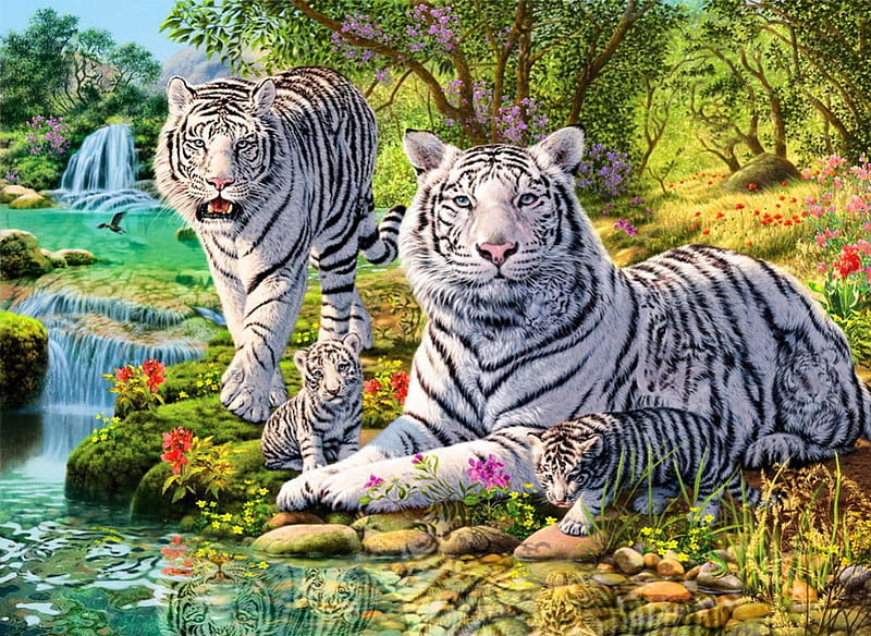 Jungle royalty, stream, art, exotic, tigers, bonito, trees, wild, royalty, painting, jungle, waterfall, flowers, river, reflection, pong, HD wallpaper