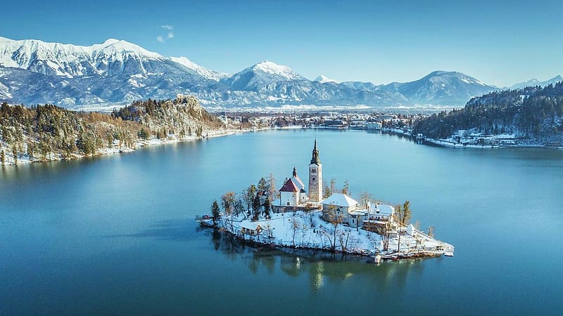Lake Bled in Winter, Slovenia, mountains, church, snow, island, landscape, trees, HD wallpaper