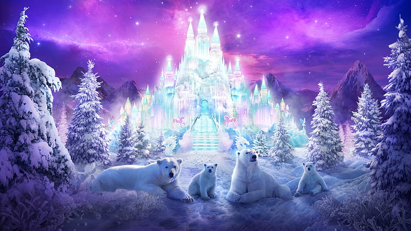 Polar bears, luminos, craciun, christmas, winter, fantasy, white, castle, pink, blue, HD wallpaper