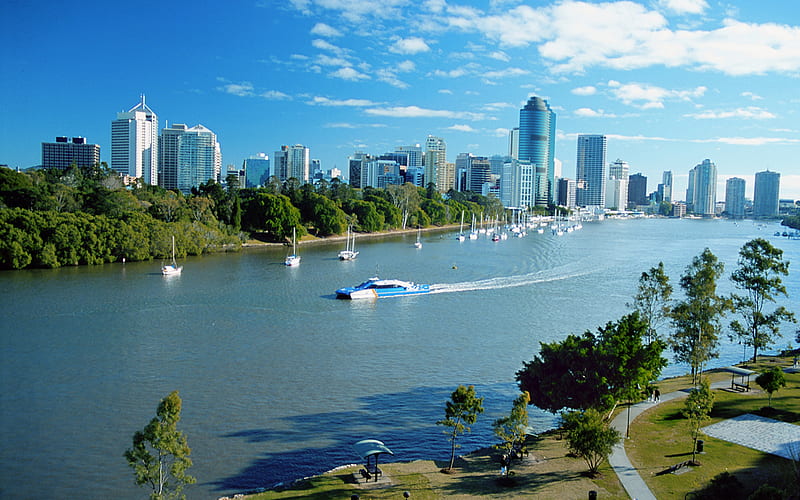 Brisbane CityCat, south bank, brisbane, citycat, panoramic view, brisbane river, trees, clouds, skyscrapers, boats, graphy, ferry, australia, queensland, blue sky, HD wallpaper