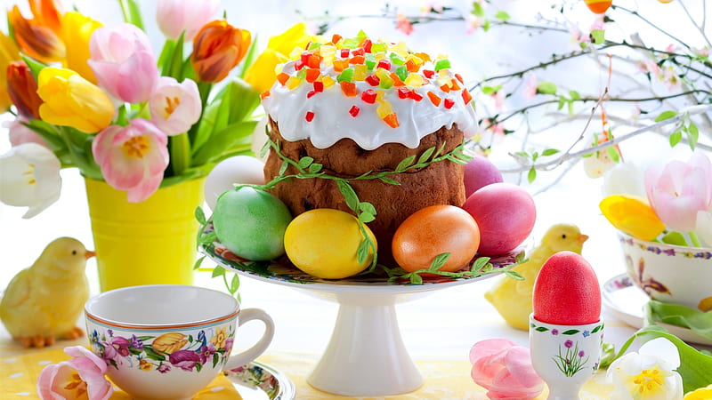 Easter Eggs, cake, flowers, tulips, spring, HD wallpaper