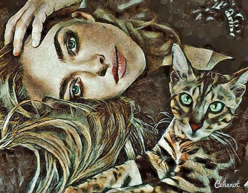 Amanda Seyfried, girl, actress, by cehenot, face, cat, pisici, portrait, art, cehenot, HD wallpaper