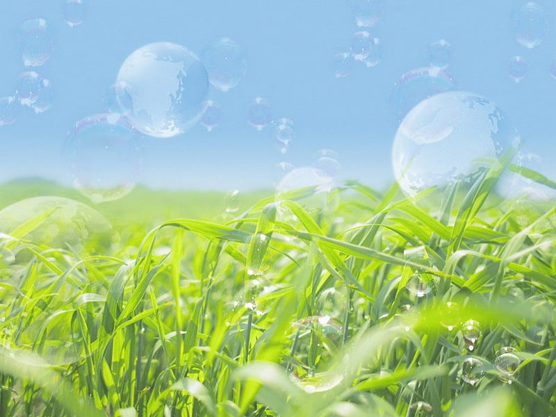 Globe, Soap bubbles and glassland, soap, green, grass, nature, blue, HD wallpaper