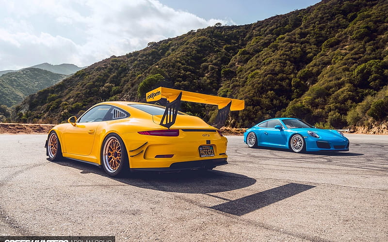 Porsche 991 GT3, tuning, sport car, blue Porsche, yellow Porsche, HD wallpaper