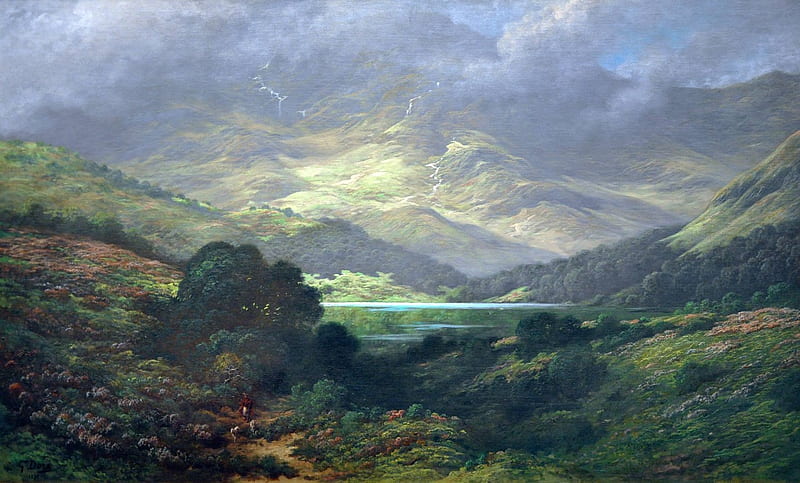 Scottish Highlands by Gutave Dore, idyllic, mountains, sunlight, highlands, clouds, HD wallpaper