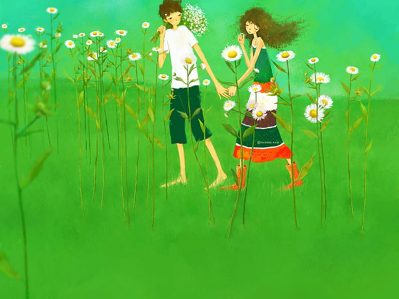 Green Love, red, grass, abstract, aroma, daisies, hands, boy, girl, green, love, gris, flower, nature, white, daisy, HD wallpaper