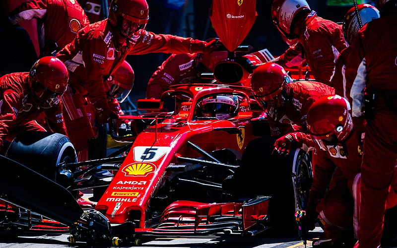 Ferrari SF71H, Sebastian Vettel, Formula 1, pit stop, change of wheels, F1, German racer, team of mechanics, Ferrari, HD wallpaper