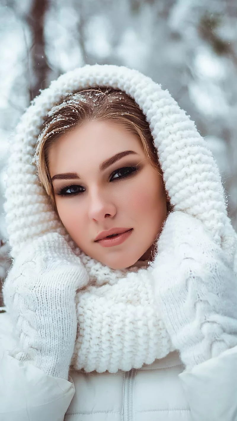 Beauty, bonito, blonde, cold, face, girl, snow, white, winter, HD phone wallpaper