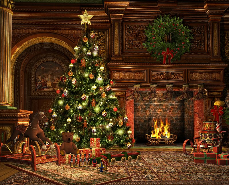 Christmas, Holiday, Christmas Tree, Wreath, Fireplace, HD wallpaper ...