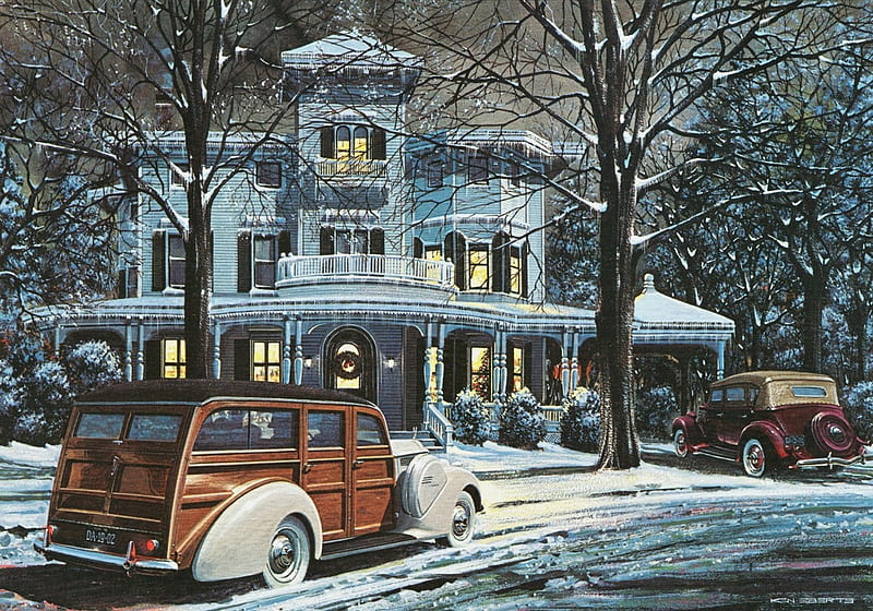 Home for Christmas, Trees, Vintage Cars, Wreaths, Bushes, Snow, Blue, Victorian Home, Pretty, Christmas Balcony, Carport, HD wallpaper