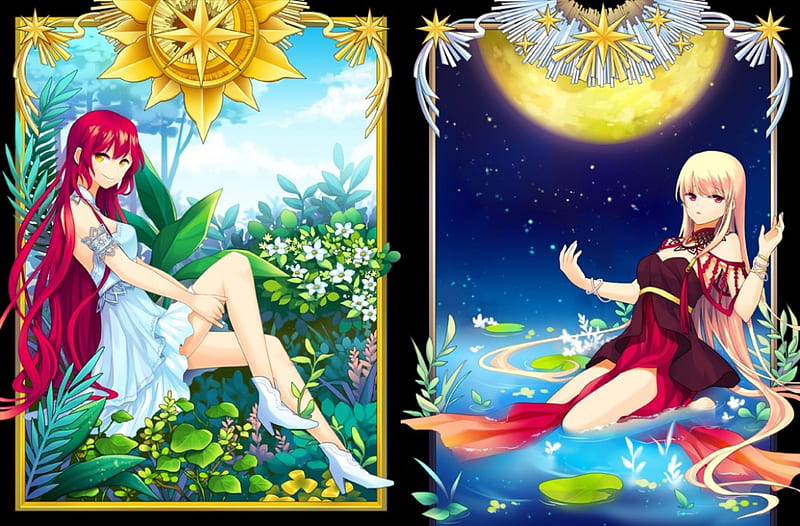 Sun & Moon, dress sun, redhead, bonito, magic, floral, sweet, blossom, fantasy, moon, anime, beauty, anime girl, long hair, female, gown, red hair, water, girl, flower, petals, collages, lady, maiden, HD wallpaper