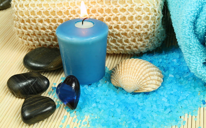 Spa Tones*~, romantic, bath, stones, basket, heart, salt, candels, shells, blue, HD wallpaper